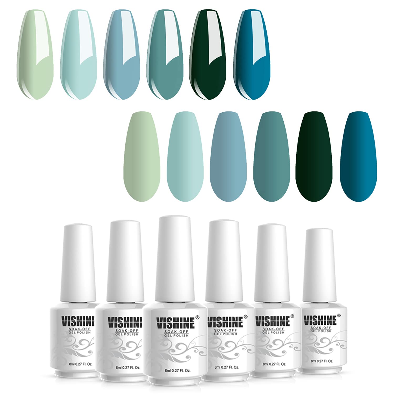 Vishine Gel Nail Polish Teal Blue Olive Green Soak Off Gift Set UV LED Art Varnish Colors UV Light LED Lamp Base Top Coat Needed Starter DIY Nails Art Home Salon Manicure Kits