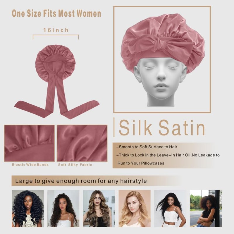 VECIIR Silk Bonnet for Sleeping Women，hair bonnet for sleeping Silk Night Cap for Curly/Natural Hair Skin pink,Large