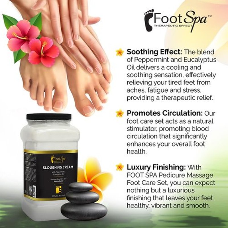 FootSpa - Foot Cream, Sloughing Lotion, Peppermint and Eucalyptus Oil, 128 Oz - Pedicure Massage Foot Care for Dry Cracked Feet, Scrub Gently, Exfoliating