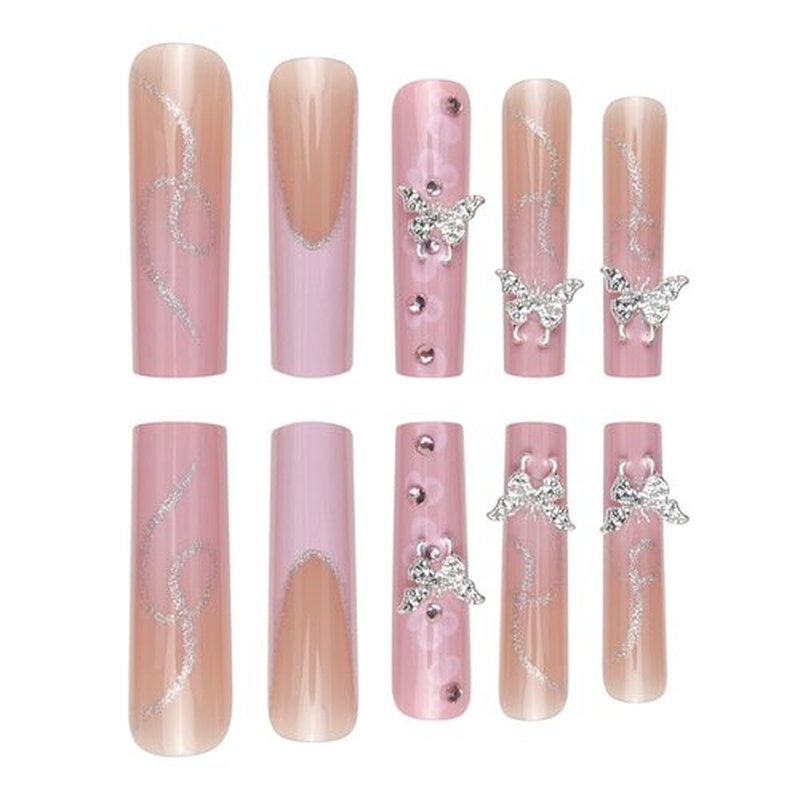 QQPPOLIU Long Pink Nails Xxl Long Press on Nails Square Pink Fake Nails With Flower and 3d Butterfly Designs Full Cover Nails for Women and Girls 24pcs