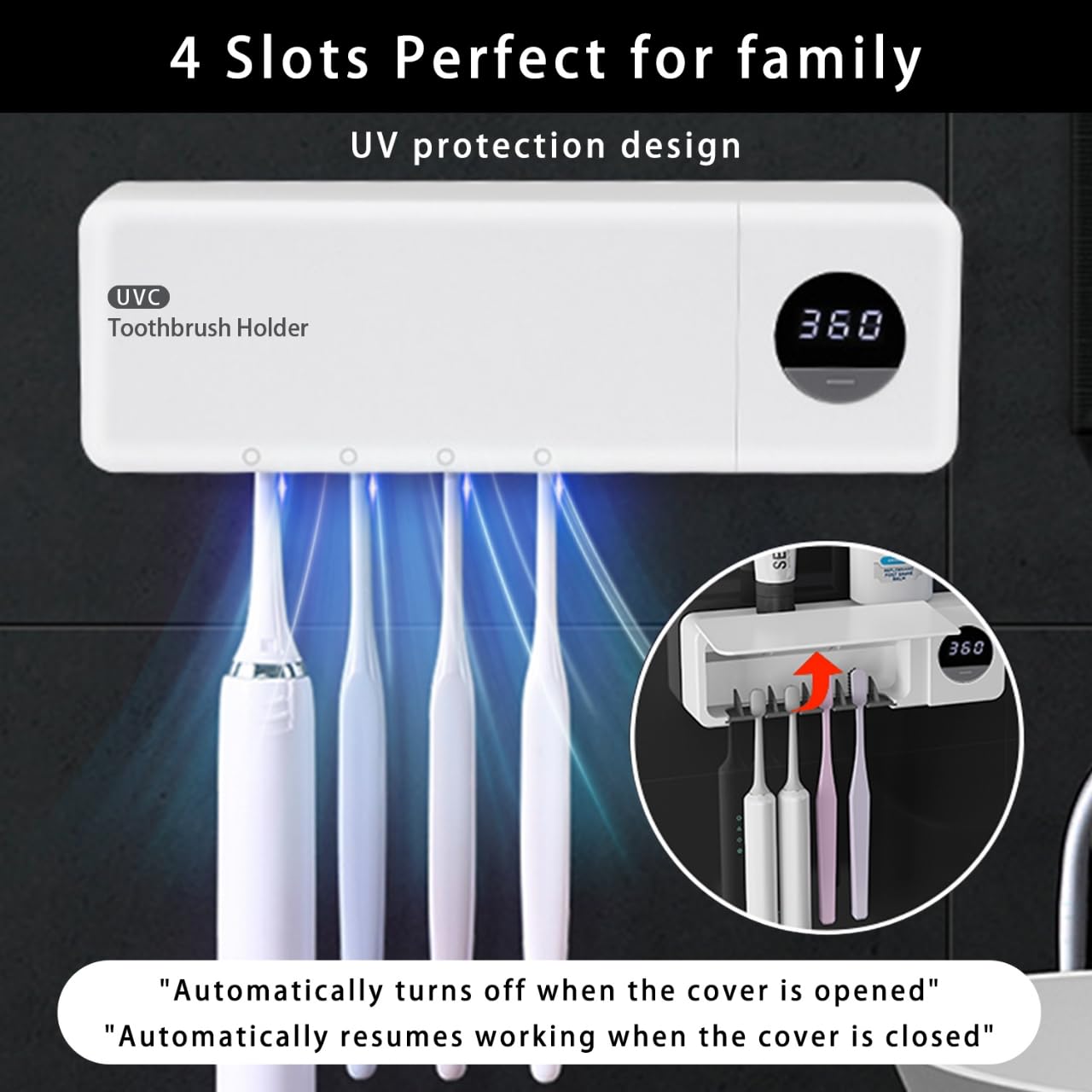 JDUanL Cordless Sanitizeri Toothbrush Holder, Sanitizeri Toothbrush Cleaner with 4 Slots & 360s Timer Function, No-Drill Rechargeable Wall Mounted Toothbrush Holders for Bathroom Family, White