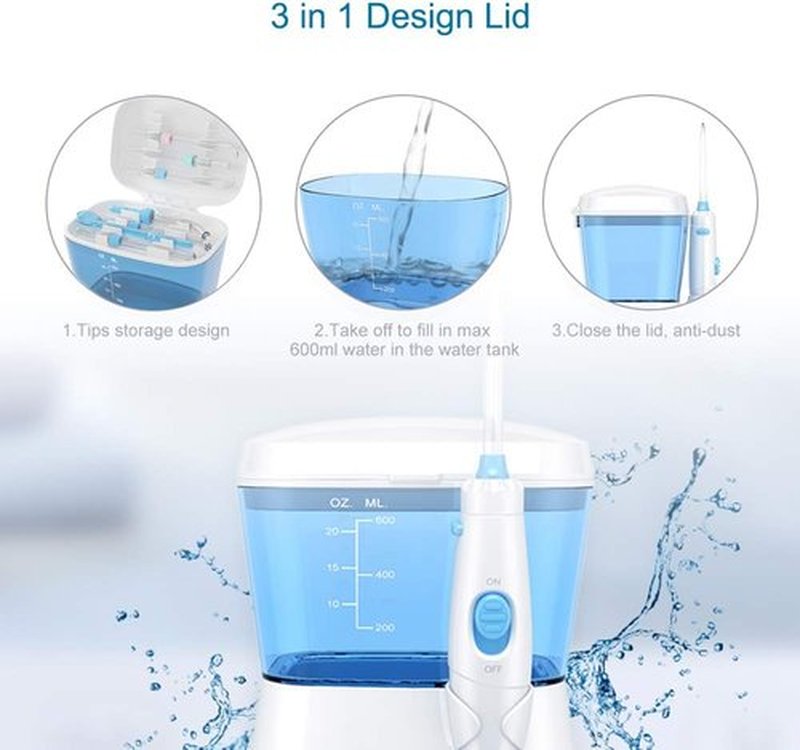 TUREWELL Water Flosser - 600ML Electric Oral Irrigator with 10 Adjustable Pressure Settings | 8 Jet Tips for Family Use (White)
