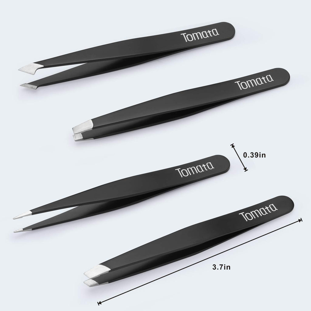 Tomata Tweezers for Eyebrows, 4-piece Slant Tip and Pointed Eyebrow Tweezer Set Great Precision for Eyebrows Facial Hair, Ingrown Hair, Splinter, Blackhead and Tick Remover (Black)