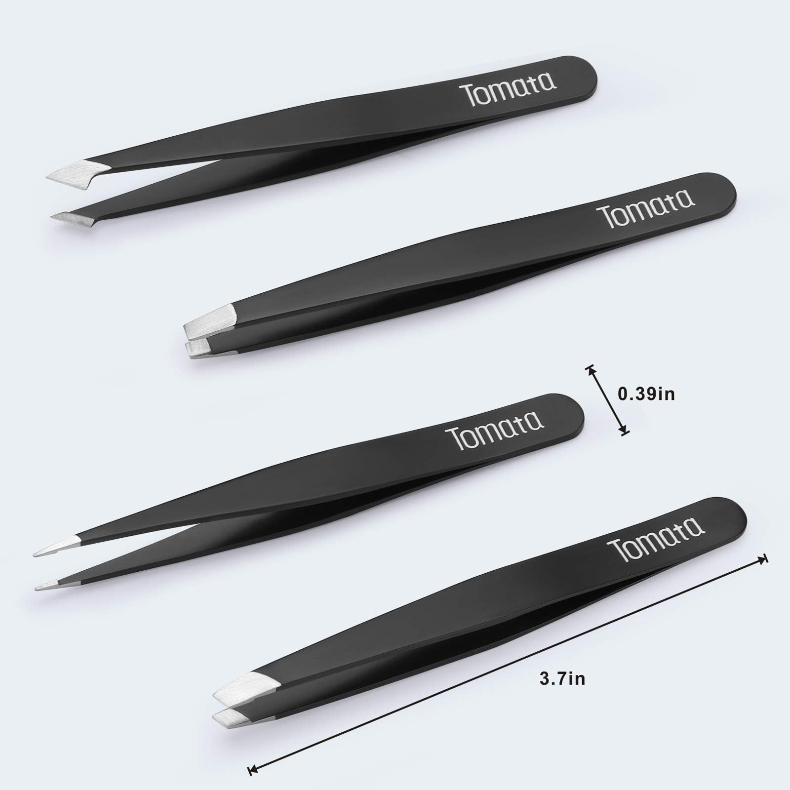 Tomata Tweezers for Eyebrows, 4-piece Slant Tip and Pointed Eyebrow Tweezer Set Great Precision for Eyebrows Facial Hair, Ingrown Hair, Splinter, Blackhead and Tick Remover (Black)