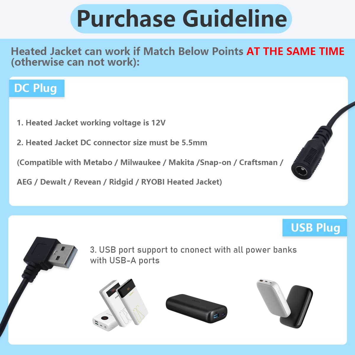 HUZUM Heated Jacket Adapter Charger USB Voltage Step Up Cable for Metabo, Milwaukee, Dewalt, Makita, Snap-on, Revean, Craftsman,Ryobi, Rigid, AEG(USB Step-Up Cable Only Working for 12V Jackets)