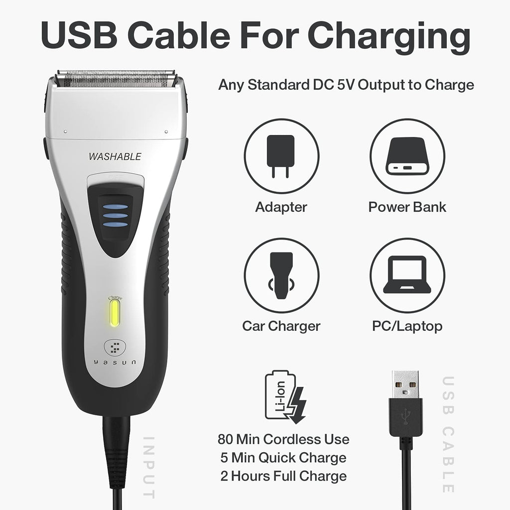 YASUN Foil Shaver - Electric Razor, Wet/Dry IPX7 Waterproof, Pop-up Beard Trimmer, Cordless Rechargeable Mens Razor - YS5800 Silver & Black
