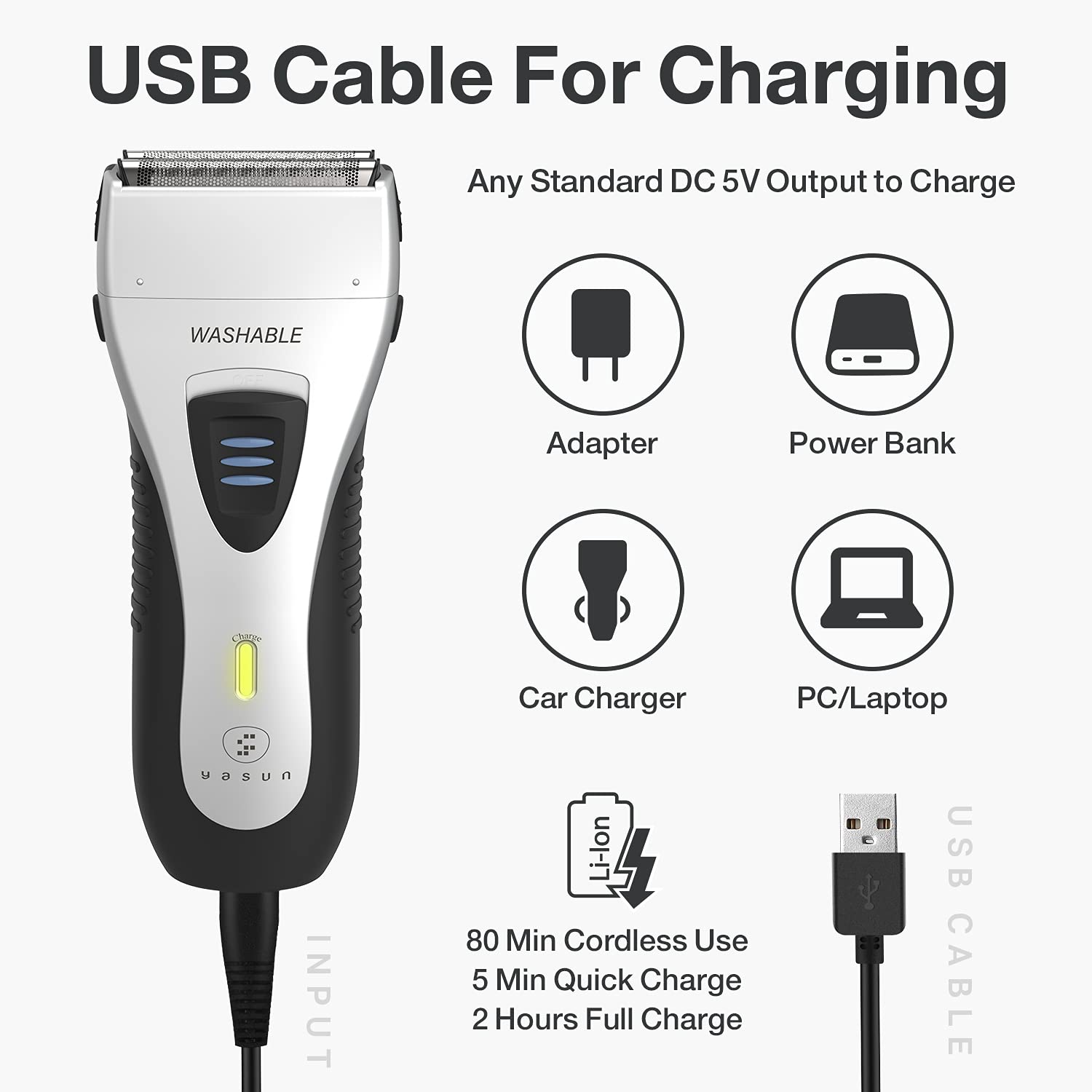 YASUN Foil Shaver - Electric Razor, Wet/Dry IPX7 Waterproof, Pop-up Beard Trimmer, Cordless Rechargeable Mens Razor - YS5800 Silver & Black