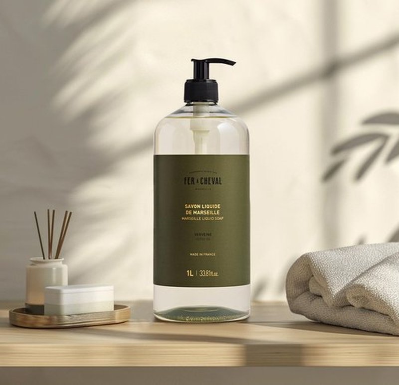 Fer A Cheval Marseille Liquid Soap - Verbena Scented Hand & Body Wash with Shea Butter | 1 L / 33.8 fl oz