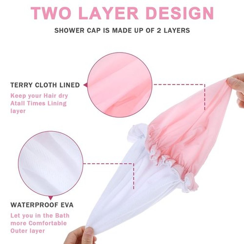 Skiennix Reusable Shower Cap - Waterproof Terry Cloth Lined Design | Double Layer, Pink for All Hair Lengths
