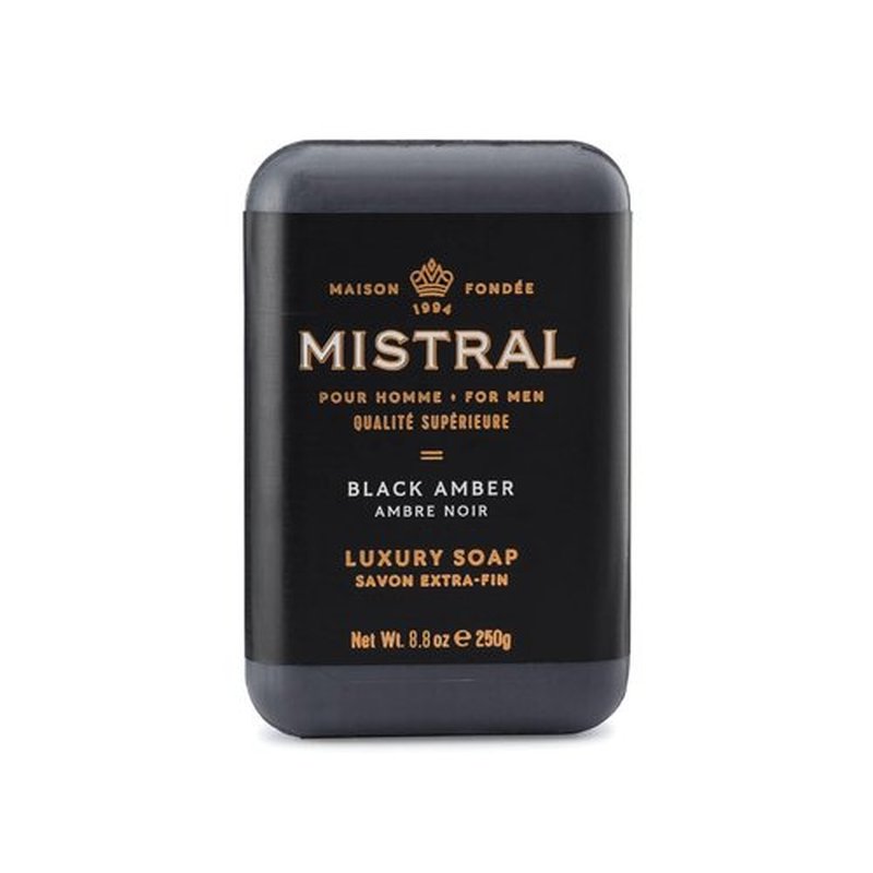 Mistral Black Amber Luxury Bar Soap for Men - Natural, Moisturizing & Paraben-Free | 8.8 oz Made in France