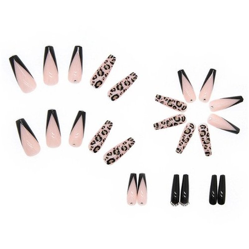 Hkanlre Coffin Press on Nails Long French Fake Bling Nails Acrylic Full Cover Leopard Print False Rhinestones Nails for Women and Girls 24PCS