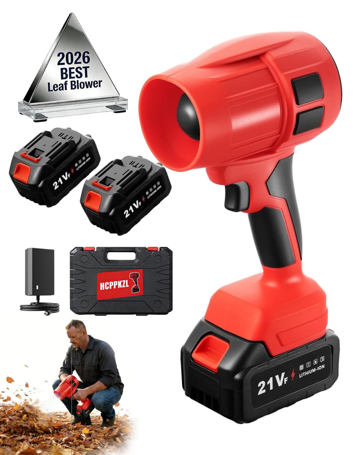 Power Leaf Blower 21V Cordless Lightweight Handheld Electric Turbo Jet 2x4Ah Batteries Fast Charger 1000,000 RPM High Speed with Ergonomic Handle for Yard Cleaning Lawn Maintenance Blowing Leave (Red)