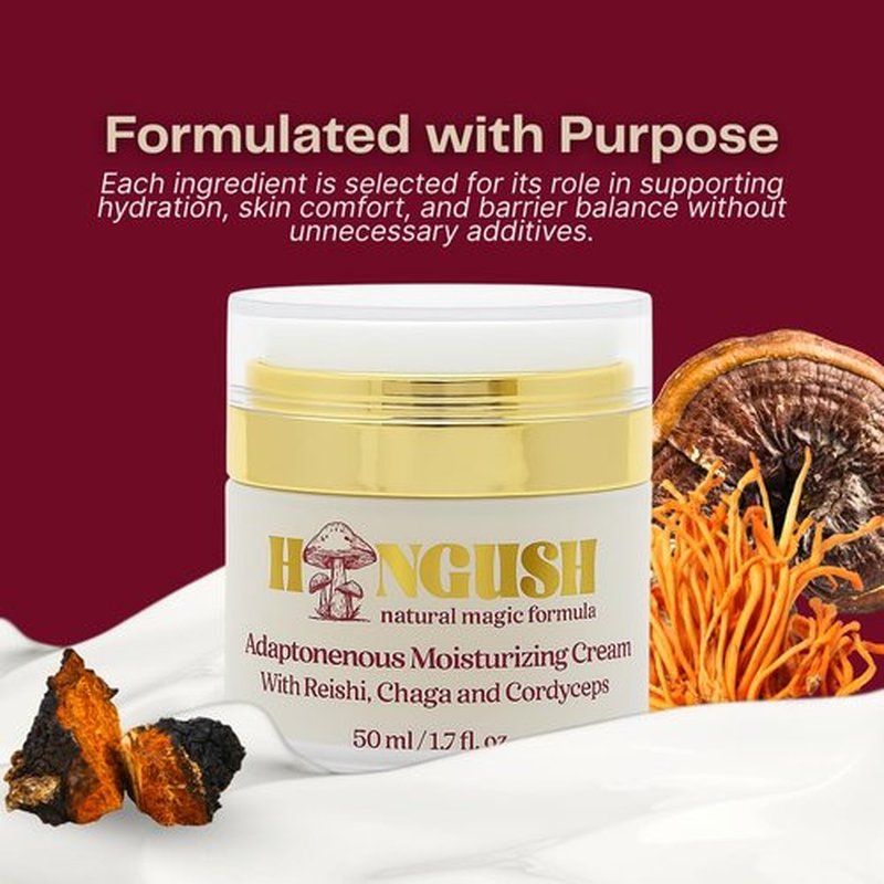 HONGUSH Facial Moisturizer – Hydrating Face Cream with Reishi, Chaga & Cordyceps, Lightweight Non Greasy Moisturizer for Dry, Sensitive & Combination Skin, Skin Barrier Support, 50 ml