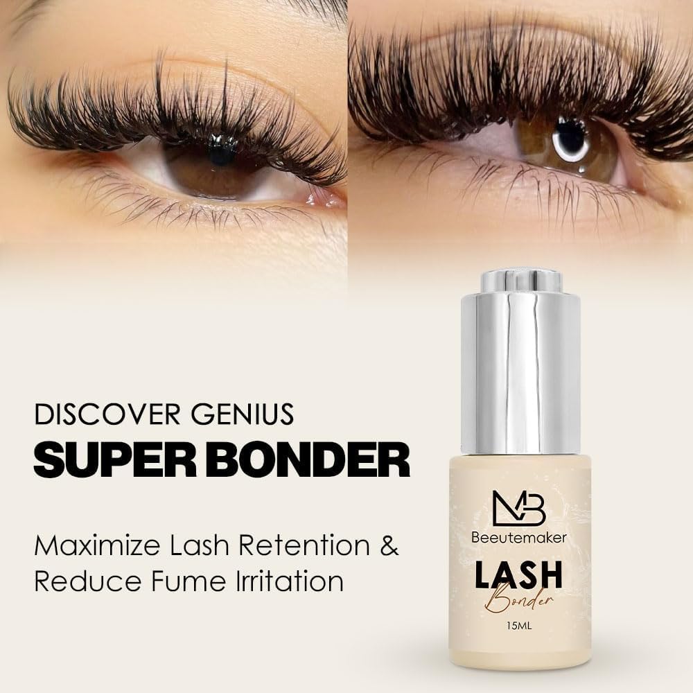 Beeutemaker Super Lash Bonder for Eyelash Extensions, Beige Waterproof Lash Sealant, Speed Up Glue Drying Time, Reduces Fumes, Longer Retention - 15ml