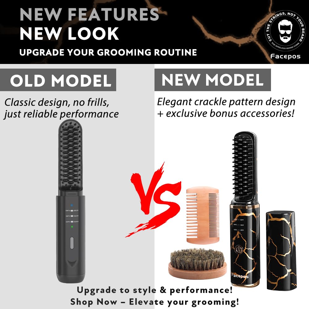 Wireless Electric Heated Beard Straightener Set, Portable Cordless Hair Straightener for Men, Elegant Crackle Pattern Design and Bonus Beard Brush & Wooden Comb for Perfect Grooming