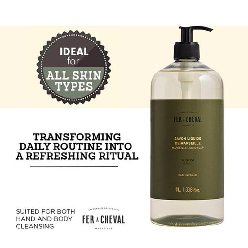 Fer A Cheval Marseille Liquid Soap - Verbena Scented Hand & Body Wash with Shea Butter | 1 L / 33.8 fl oz