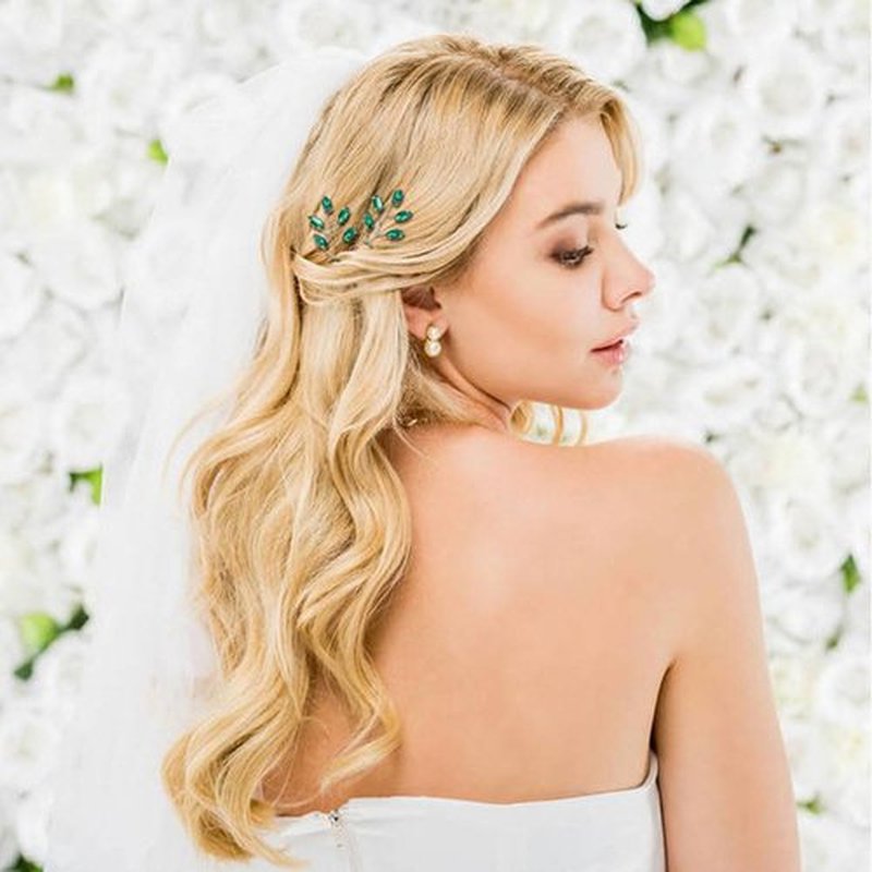 Dizila 7 Pieces Emerald Green Crystal Bead Party Prom Wedding Bridal Vine Leaf Hair Side Combs + Rhinestone U-shaped Hair Pins Headpieces for Brides Bridesmaids Women Girls