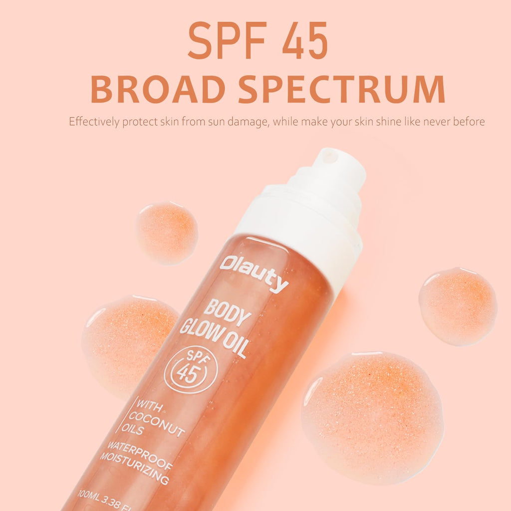 Body Glow Oil, SPF45 Sunscreen Body Oil Shimmer Moisturizing with Coconut Oil Nourishing Glowing Skin, Body Shimmering Oils for Face & Body, Lightweight, Non-Greasy