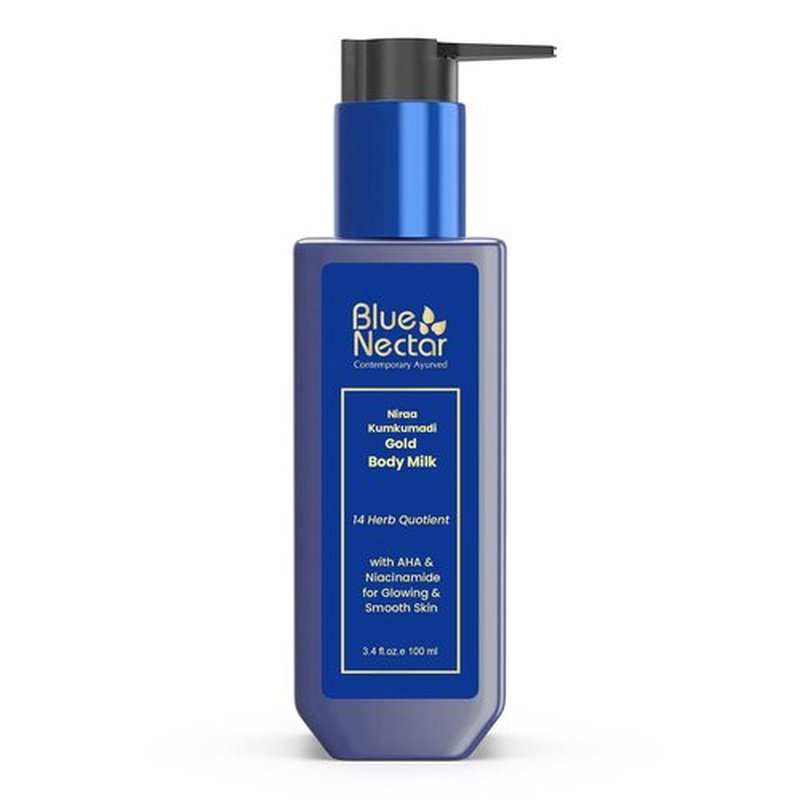 Blue Nectar Gold and Saffron Body Milk for Women & Men | Body Lotion with Plant Based AHA & Niacinamide | Moisturizer for Body | All Skin Types (14 Herbs, 3.38 Fl Oz)