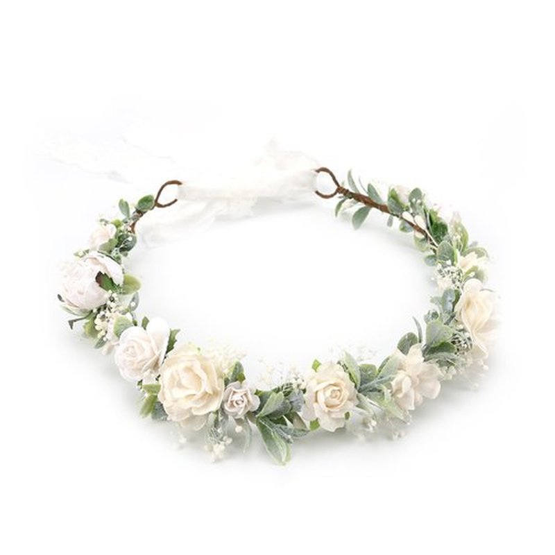 PoshMyra Greenery Flower Crown for Girls White Floral Holo Hair Headpiece Bridal Wreath Bridemaid Crown Rustic Wedding Garland Photo Prop Headband for Child
