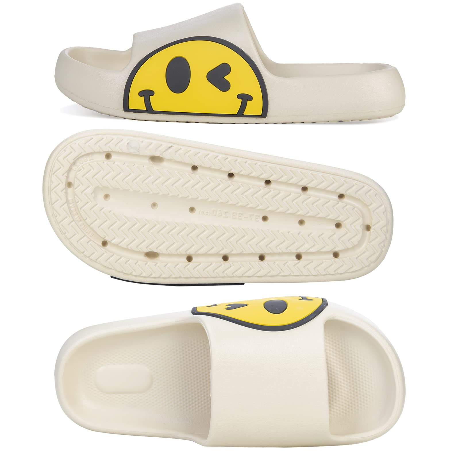 Uonesone Womens Slides,Pillow Slippers Sandals for Men,Unisex Non slip Quick Dry Shower Shoes Indoor Outdoor Open Toe Spa Bath Pool Gym House Casual Massage Smile Face Slippers(White 39/40)