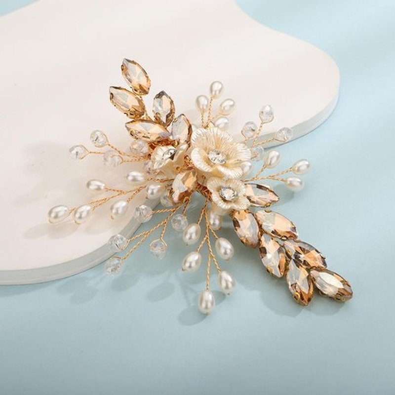 Rumtock Pearl and Flower Gold Champagne Hair Clip for Wedding Brides Bridesmaid Flower Girls Handmade Hair Piece (Champagne)