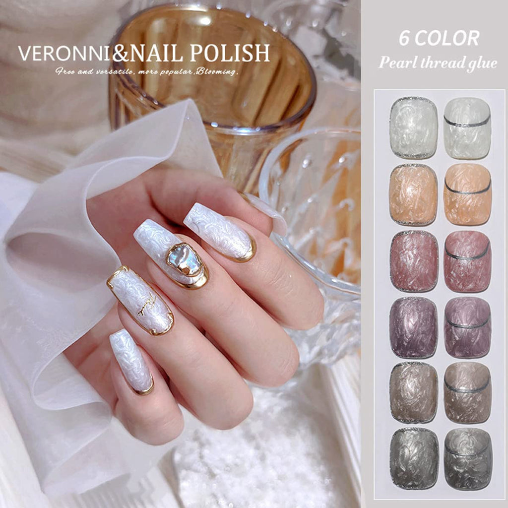 VERONNI Pearl Gel Nail Polish Kit -6Pcs Glitter Shell Thread Gel Nail Polish Soak-off Drawing Mermaid Gel Nail Polish Manicure Set DIY Design Nail Art(PL-6pcs)