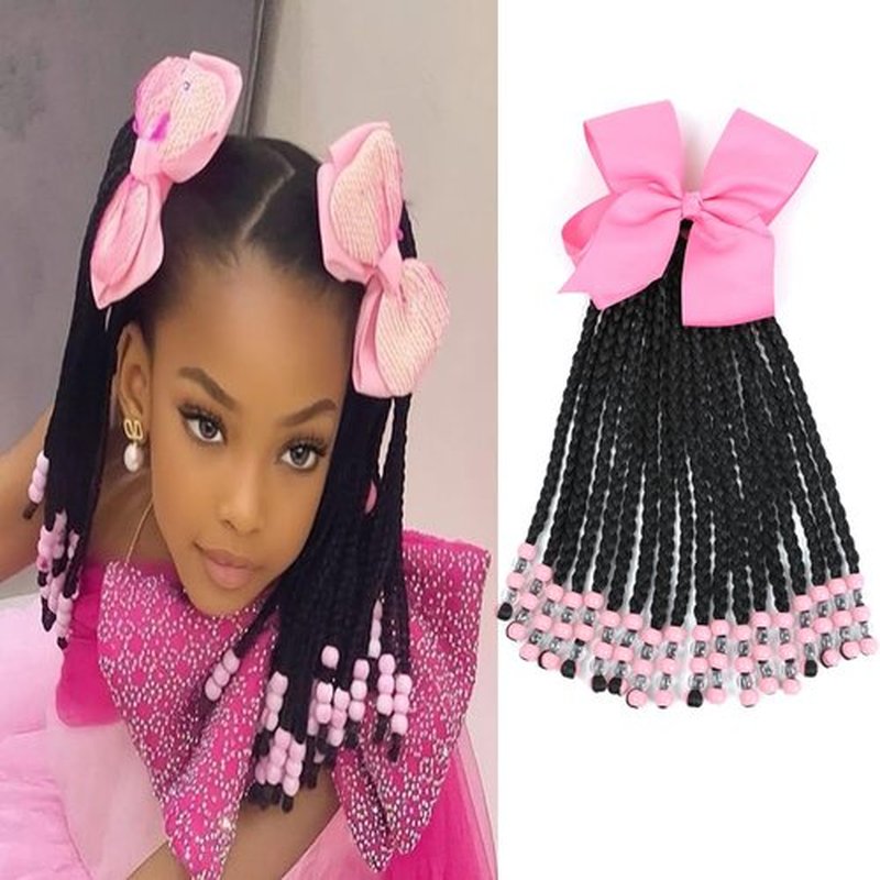 Kid's Summer Kids Ponytail Extension With Beads Box Braids Hair Extensions For Kiddie Synthetic Hairpieces With Bows Protective Easy Fashion Hairstyle For Baby Girls Toddler Gift (Pink, Box-9inch)