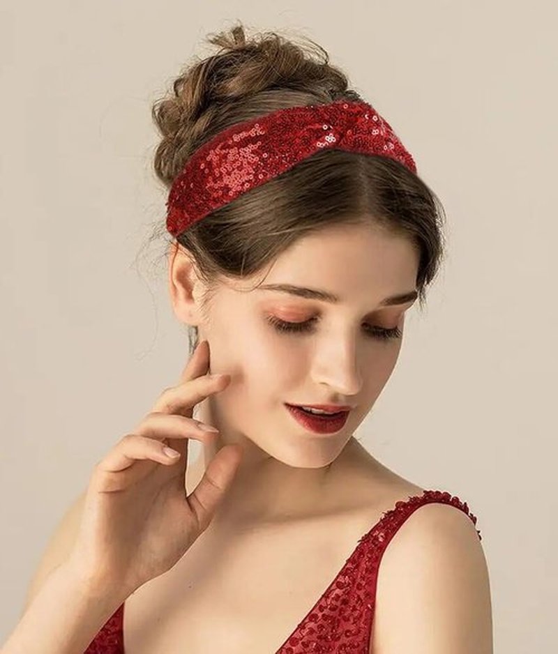 Huachi Christmas Headbands for Women Girls Top Knot Headband Sparkly Sequin Knotted Head Bands for Women’s Hair Accessories Holiday Red Green Hairbands Turban Christmas Gifts