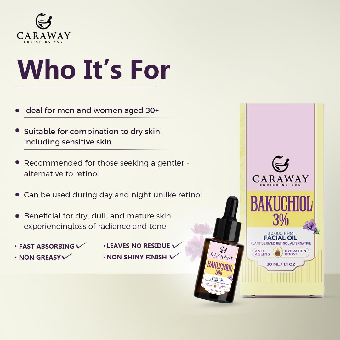 CARAWAY® Bakuchiol Oil 3% - 30,000 ppm Facial Oil – Retinol Alternative – Anti Ageing Oil – Suitable for Mature and Dry Skin | 30 ml