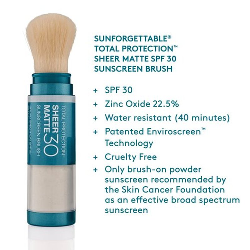 Colorescience Total Protection Sheer Matte SPF 30 Sunscreen Brush - Unscented Powder for Oily, Acne-Prone Skin | 0.15 Ounce