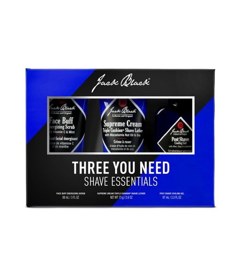 Jack Black Three You Need Shave Essentials Set for Men – Face Scrub, After Shave Cooling Gel, Shave Lather, Mens Skin Care Kit, Men's Skincare Gift Set
