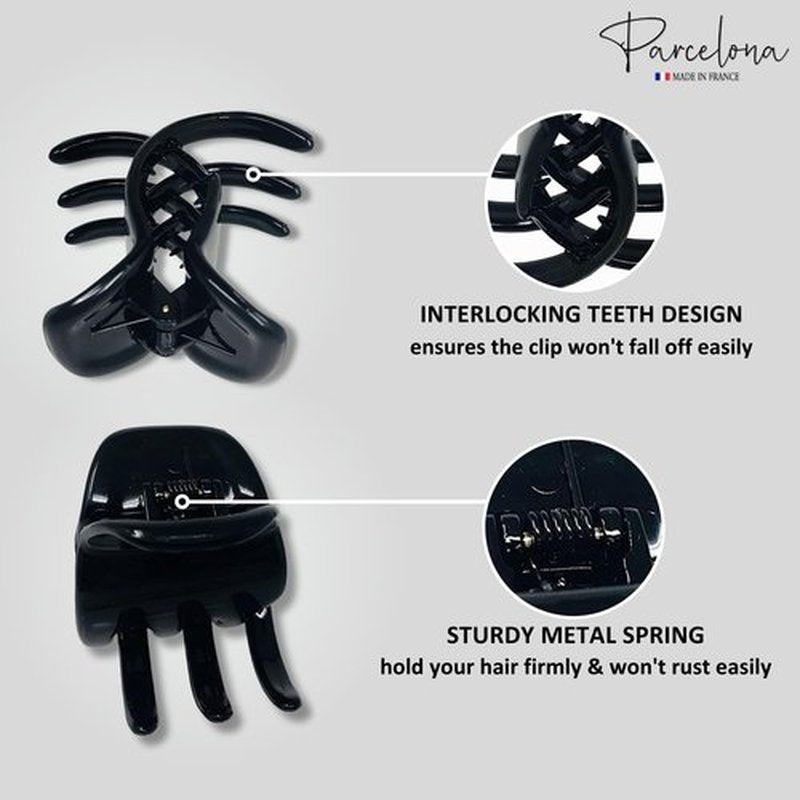 Parcelona French Classic Large Pony 1.75" Celluloid Non Slip Jaw Hair Claw Clips Fashion Durable Styling Women Hair Accessories, Made in France (Tortoise Shell and Black)