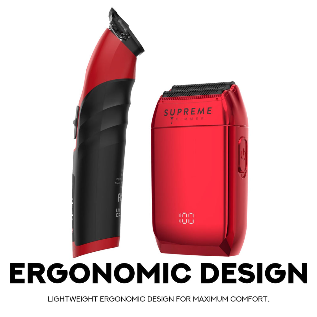 Supreme Trimmer Crunch Foil Shaver & 2Spee Trimmer Barber Hair Cutting Kit | Cordless Beard & Mustache Trimming Set | LCD Battery Displays, Removable Blade Design, Waterproof Shaver (Red)