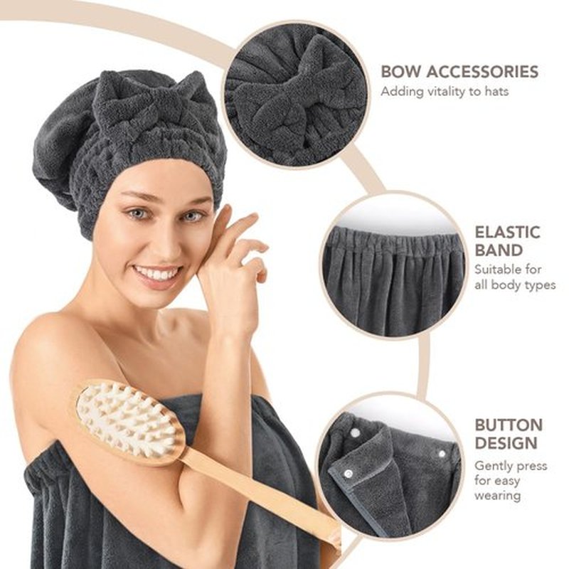 SUNLAND Women Hair Drying Towel and Microfiber Bath Towel Wrap,Adjustable Soft Body Wraps Dress with Hair Towels, Super Absorbent to Quick Drying 32 Inch x 60 Inch Dark Grey