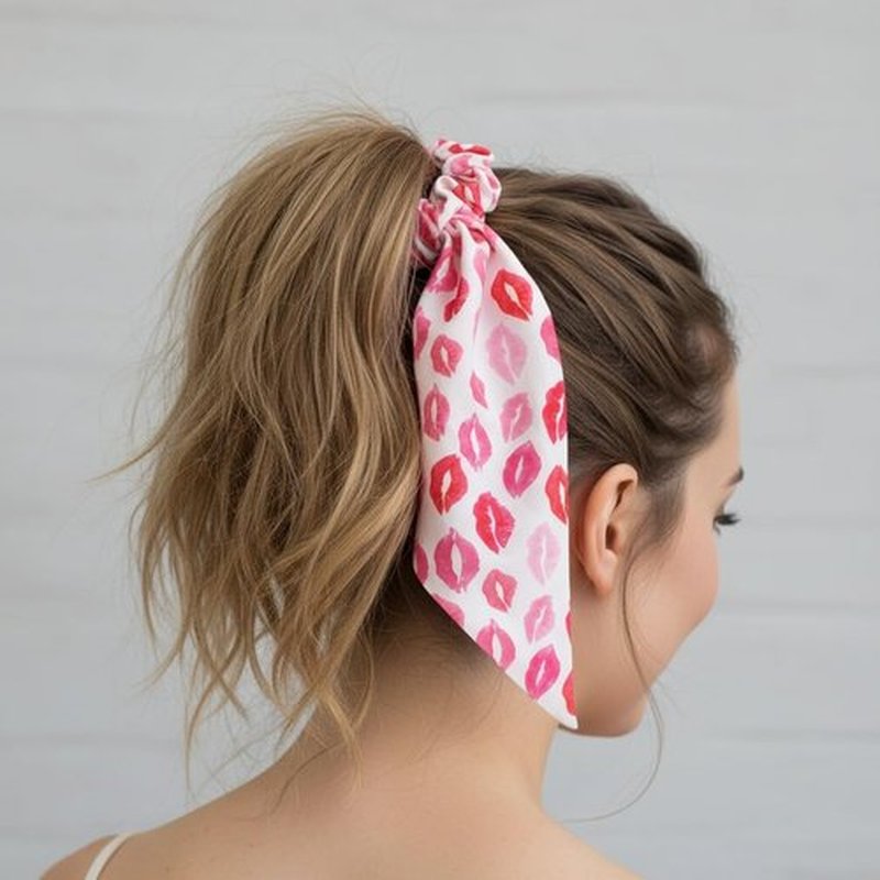 Briutn Valentines Hair Scrunchies for Women Pink Heart Hair Ribbon Scrunchy Ponytail Holder