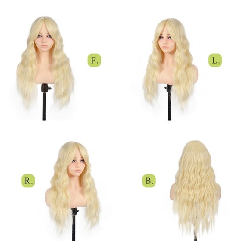 Aida ble Long Blonde Wig with Curtain Bangs 26 Inch Wavy Blonde Wigs for Women Synthetic Layered Wig Natural Looking Heat Resistant Fiber Wigs for Daily Party Halloween Cosplay Use