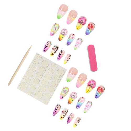 LBPEPAMZ 24Pcs Colorful Flower Press on Nails Medium Almond Fake Nails with 3D Water Drop Rhinestones Design Yellow Blue Ombre French Tip False Nails Summer Spring Acrylic Stick on Nails for Women