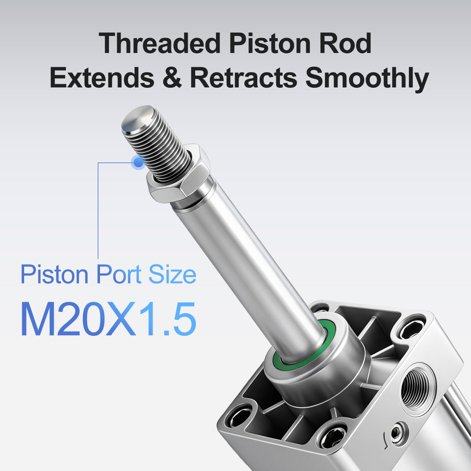Baomain Pneumatic Air Cylinder SC 100 x 250, PT 1/2 Port, 3.94" Bore, 9.84" Stroke, Single Rod Double Acting, M20X1.5 Threaded Rod, with 4X Push-in Fittings