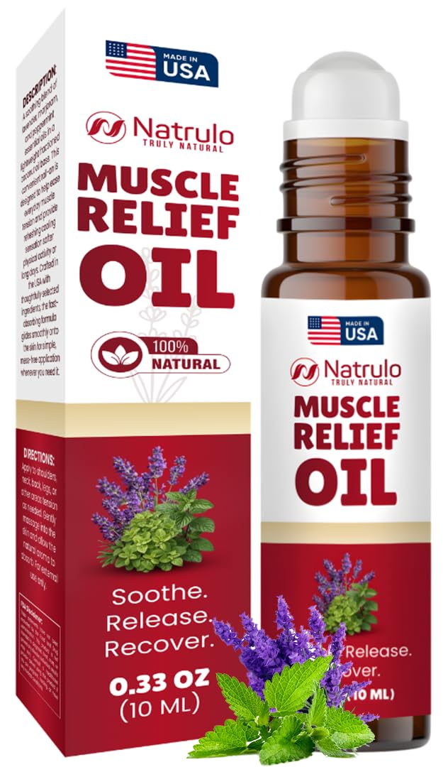 Muscle Relief Oil Roll-On – Cooling Essential Oil Roll On for Tired Joints, Muscles, Neck, Back, Shoulders & Feet – Peppermint, Lavender & Marjoram Massage Oil – Post Workout Muscle Rub – Made in USA