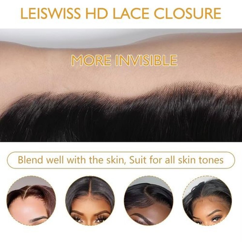 LEISWISS 5x5 HD Lace Closure Body Wave Brazilian Raw Human Hair 0.10 mm Ultra-Thin Invisible Single-Knot Pre-Plucked Glueless Lace Closure For Black Women Natural Black 16 Inch