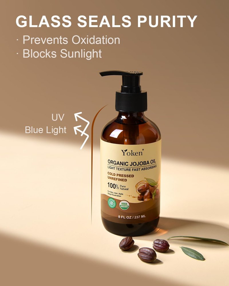 Yoken Organic Jojoba Oil - 100% Pure & Natural Cold Pressed Oil | 8 fl oz Glass Bottle for Hair, Skin & Face
