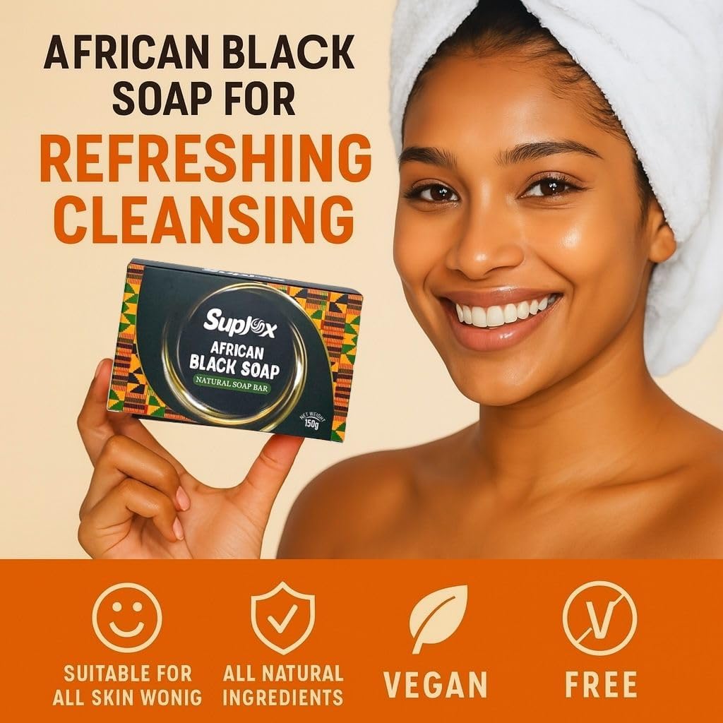 Suplox African Black Soap Bar – African Soap for oily Skin, Ghana Black Face & Body Wash | Face and Body moisturizing cleanser 1 Count.