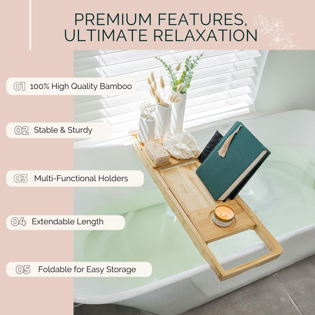 Bamboo Bathtub Tray Caddy Expandable - Over The Tub Bath Caddy Tray for Bathtub Accessories for Relaxing Spa, Bamboo Bath Tray for Tub Accessories for Bathtub for Women. Bath Spa Gifts for Women.