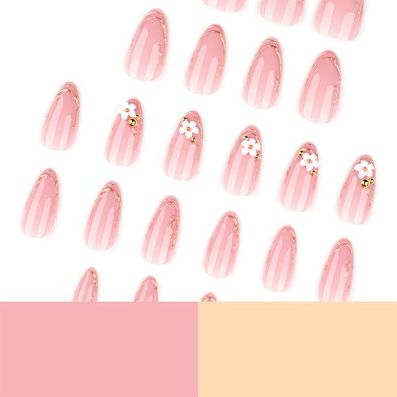 Nude Pink Flower Press On Nails 24PCS – Almond Soft Gel Fake Nails with Gold French Tips, Glossy Reusable False Nails, Elegant Floral Stick On Nails for Women, Salon-Quality Manicure at Home