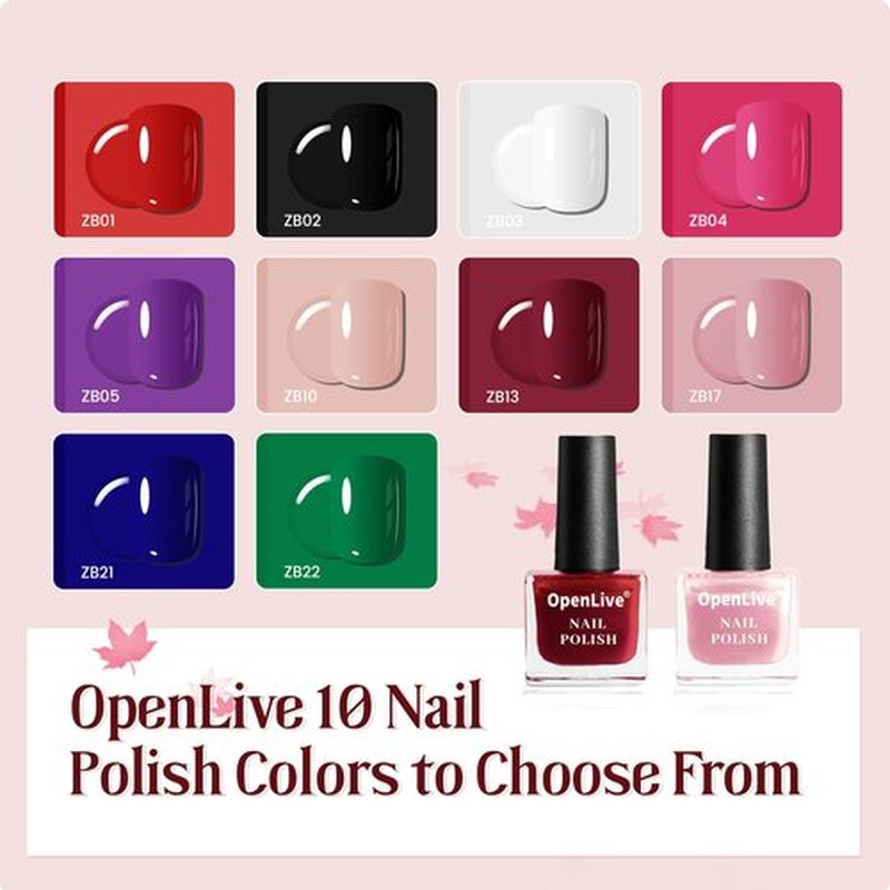OpenLive 12 PCS Nail Polish Kit With 10 Colors As 2 PCS BASE And TOP Coat Green Blue Red Pink Collection Gifts for Women.