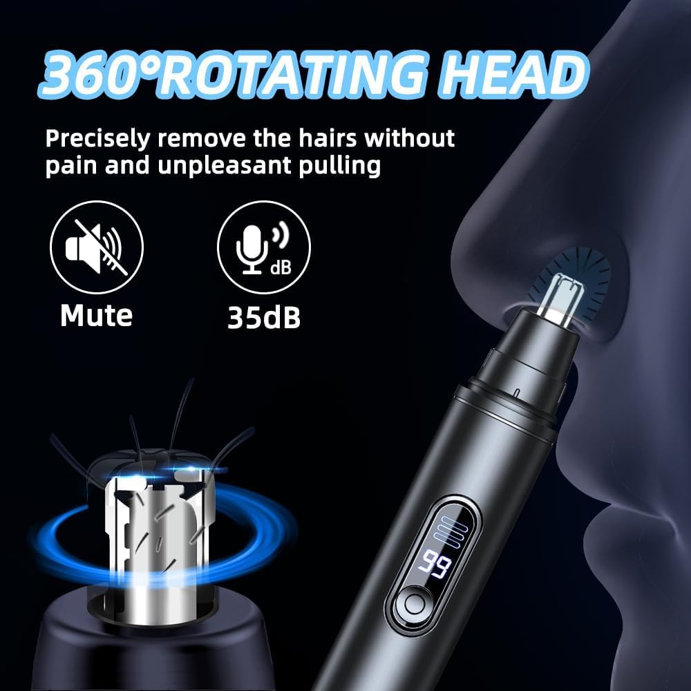 FREIOWEEI Ear & Nose Hair Trimmer, Professional Painless Eyebrow and Facial Hair Trimmer for Men and Women, C-Type Rechargeable, Waterproof Double Edged Blade Black