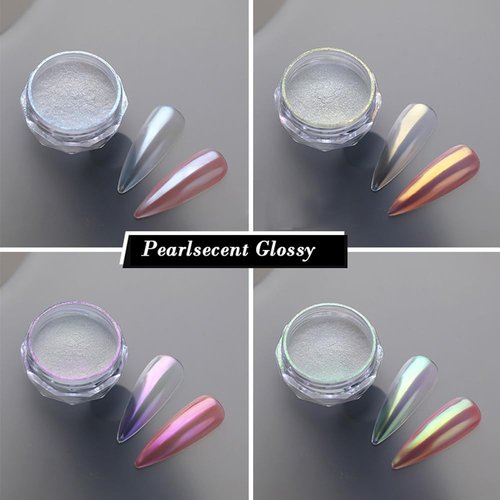 Pretty Diva 8 Colors Iridescent Pearl Chrome Nail Powder, Aurora Pearl Nails Chrome White Pearl Chrome Powder for Nails Metallic Manicure Pigment