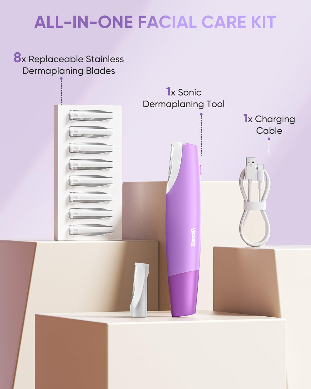 Yecheer Dermaplane Razor for Women Face, Sonic Dermaplaning Tool for Smooth & Flawless Skin, Dead Skin & Peach Fuzz Gentle Remover, Electric Facial Hair Removal with LED Light&8 Refill Blades, Purple