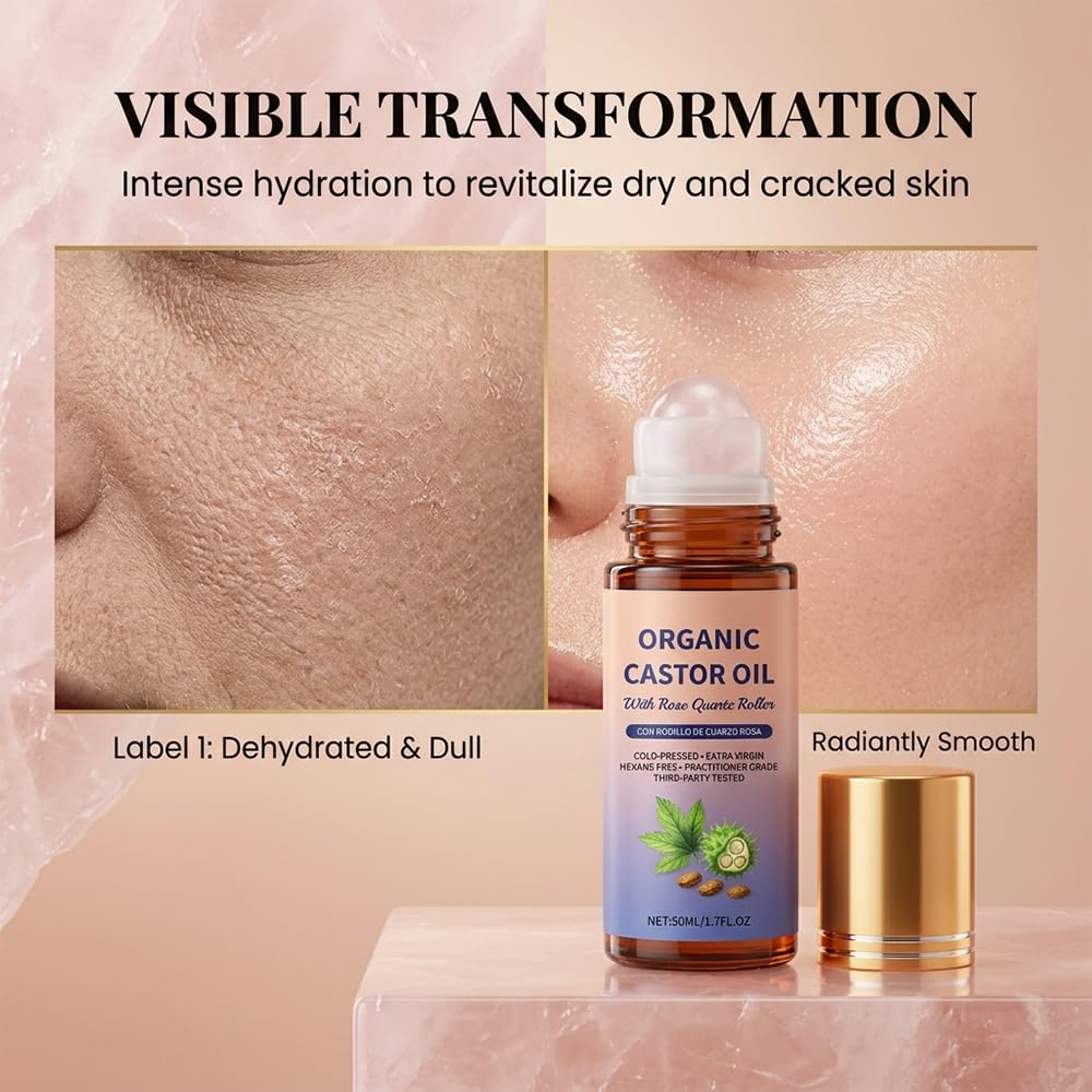 ROVIA 1 PCS Organic Castor Oil Roll On: 100% Cold Pressed Moisturizing Oil with Rose Quartz Roller - for Brows, Lashes, Dry Skin & Face, Travel Friendly Leakproof Roller Bottle (1)